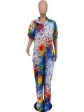 Plus Size Splash Ink Printed Loose Jumpsuit