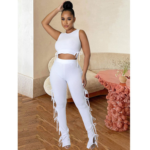 Summer Solid Color White Hollow Pit Women's Clothing Sleeveless Crop Top Two Piece Outfits Set