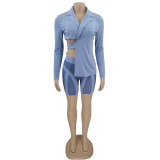 Women's 2 Piece Set Cutout Blazer & Shorts Long Sleeve Turndown Collar Bandage Jacket & Patchwork Mesh Cycling Shorts