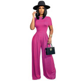 Solid Color Short Sleeve Romper + Wide Leg Pants Two Pieces