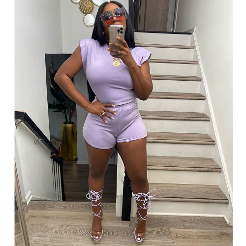 Purple Solid Sleeveless Shoulder Pads Two Piece Shorts Sets