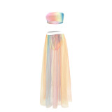 Sexy Printed Gradient Colorful Wrap Mesh Long Hakama Skirt Two Piece Set