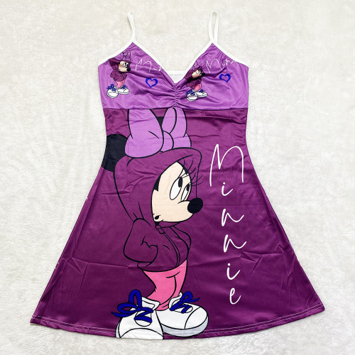 Sexy Loungewear Summer Cartoon Pattern Printed Spaghetti Strap Homewear Dress