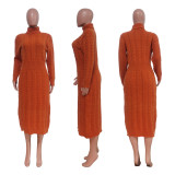 Solid Color Sweater Women High Neck Knit Long Dress without Belt