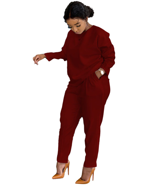 Casual Solid Wine Red Fall Mujar Set