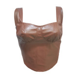 Casual Solid Brown PU Leather Vest Square Collar Tops Without Shirt