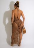 Brown Solid Color Summer Elastic Fringed Side Slit Halter Beach Long Dresses