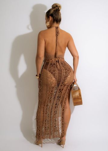 Brown Solid Color Summer Elastic Fringed Side Slit Halter Beach Long Dresses