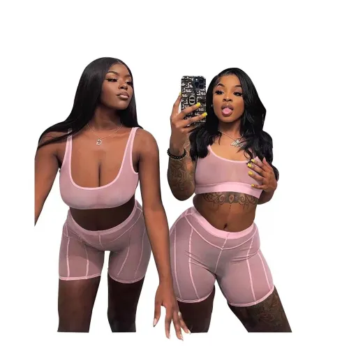 Sexy Solid Split Joint Mesh See Through U Neck Sleeveless Crop Vest Two Pieces