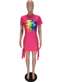 Digital Printed Colorful Cotton Lips Short Sleeve Club Dress