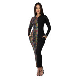 Colorful Snakeskin Stitching Patch Pocket Gradient Dress