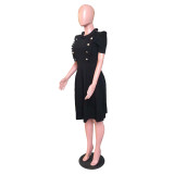 OL Style Ruffle Collar Short Sleeve Pleated Dress