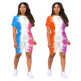 Fashion Color Matching Printed Two Piece Shorts Set