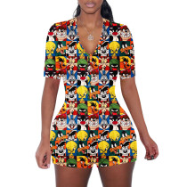 Casual Cartoon Printed Letters Home Short Jumpsuit