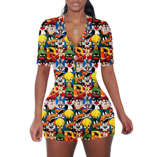 Casual Cartoon Printed Letters Home Short Jumpsuit
