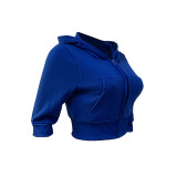 Casual Hooded Sports Crop Sweatsuit Top with 2 Pockets