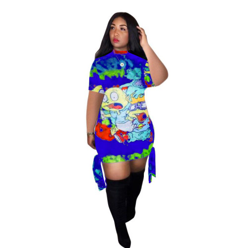 Casual Bandage Printed Cartoon Mini Dress
