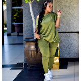 2022 Summer Loose Army Green Slanted Shoulder Breasted Shirring Two Pieces Sets