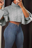 Solid Color Grey High Neck Short Shawl Sweater Top