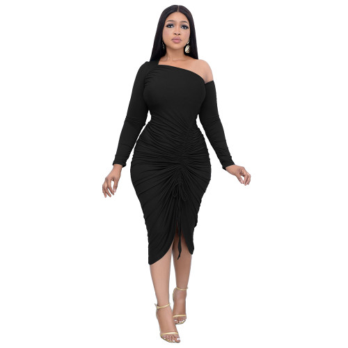 Spring Black Slanted Shoulder Smocked Slit Midi Dress