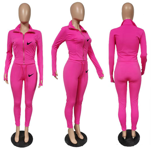 Women's Workout Sets 2 Piece Printed Front Zip Long Sleeve Turndown Neck Sweatshirt Set Gym Clothes