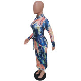 Sexy Print Split Joint Zipper Collar One Step Skirt Dresses with Belt