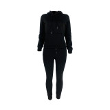 Autumn Winter Thick Drawstring Jogger Two Piece Black Sweatpants and Hoodie Set