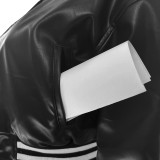 Thread Elasticity Faux Leather Baseball Jacket