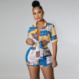 Fashion Casual Paisley Bandage Shirt Two Piece Summer Set