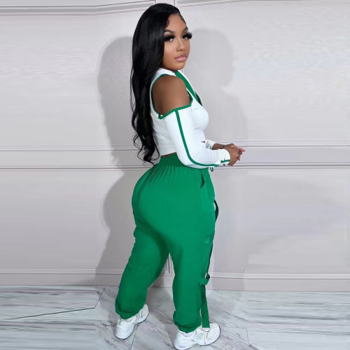 Fashion Stitching Hollow Out Cold Shoulder 2 Piece Pant Set