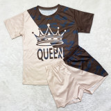 Casual Printed Tracksuit Women Short Sleeve Two Piece Outfits with Pockets