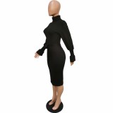 Black Ribbed Turtleneck Long Sleeve Sashes Midi Dress with Belted