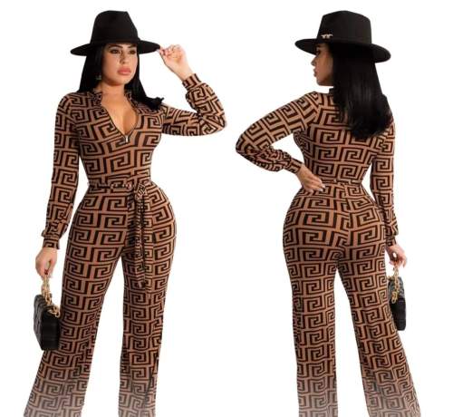 Digital Printed Long Sleeve V-Neck Jumpsuit
