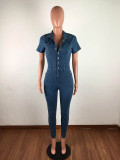 Casual Button Turn-down Neck Denim Jumpsuit
