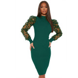 Mesh Sleeve Pit Mock Neck Midi Dress