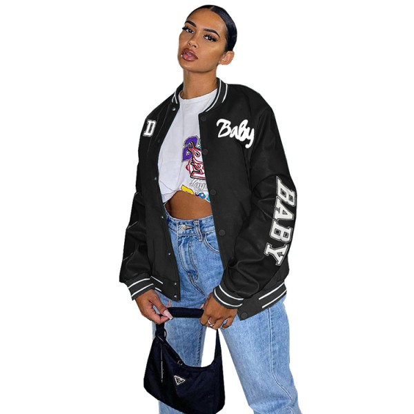 Autumn Women Black Printed Baseball Crop Jacket