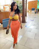 Color Patchwork One Shoulder Strapped Two Piece High Waist Pleated Sets