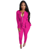 Solid Color Ruffled Sleeve Long Sleeve Zipper Tops and Trousers Set