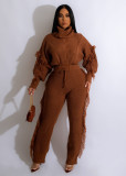 Solid Color Fashion Knit High Neck Tassel Sweater Pant Set