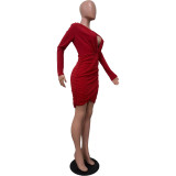 Solid Color Long Sleeve V Neck Open Cross Bodycon Club Dress