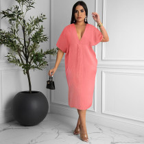 Pink Casual Loose Solid Pleated V Neck Midi Dress