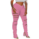 Solid Color Pleated Split Holes Stacked Pants