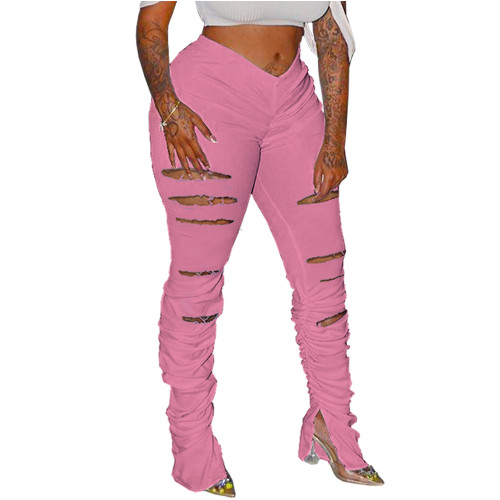 Solid Color Pleated Split Holes Stacked Pants