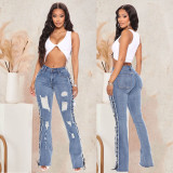 Women Eyelet Rope Elasticity Ripped Denim Trousers