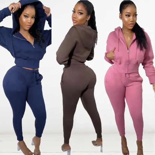 Women's Solid Color Velvet Zipper Hoodied Casual Two Piece Set