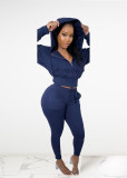 Women's Solid Color Velvet Zipper Hoodied Casual Two Piece Set