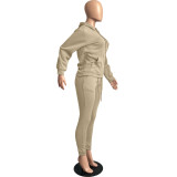 Solid Khaki Fleece Hooded Sweatshirt Pant Set