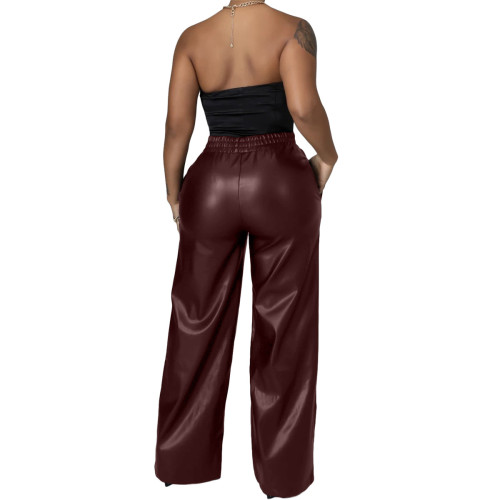 Autumn Winter Wine Red Elastic High Waist Trouser Women Faux PU Leather Straight Pants with Pockets