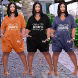 Black Women's V Neck Letter Print Loose Shorts Romper for Summer