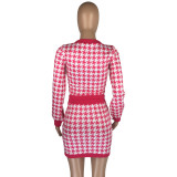 Houndstooth Print Women's Long Sleeve Two Piece Skirt Set
